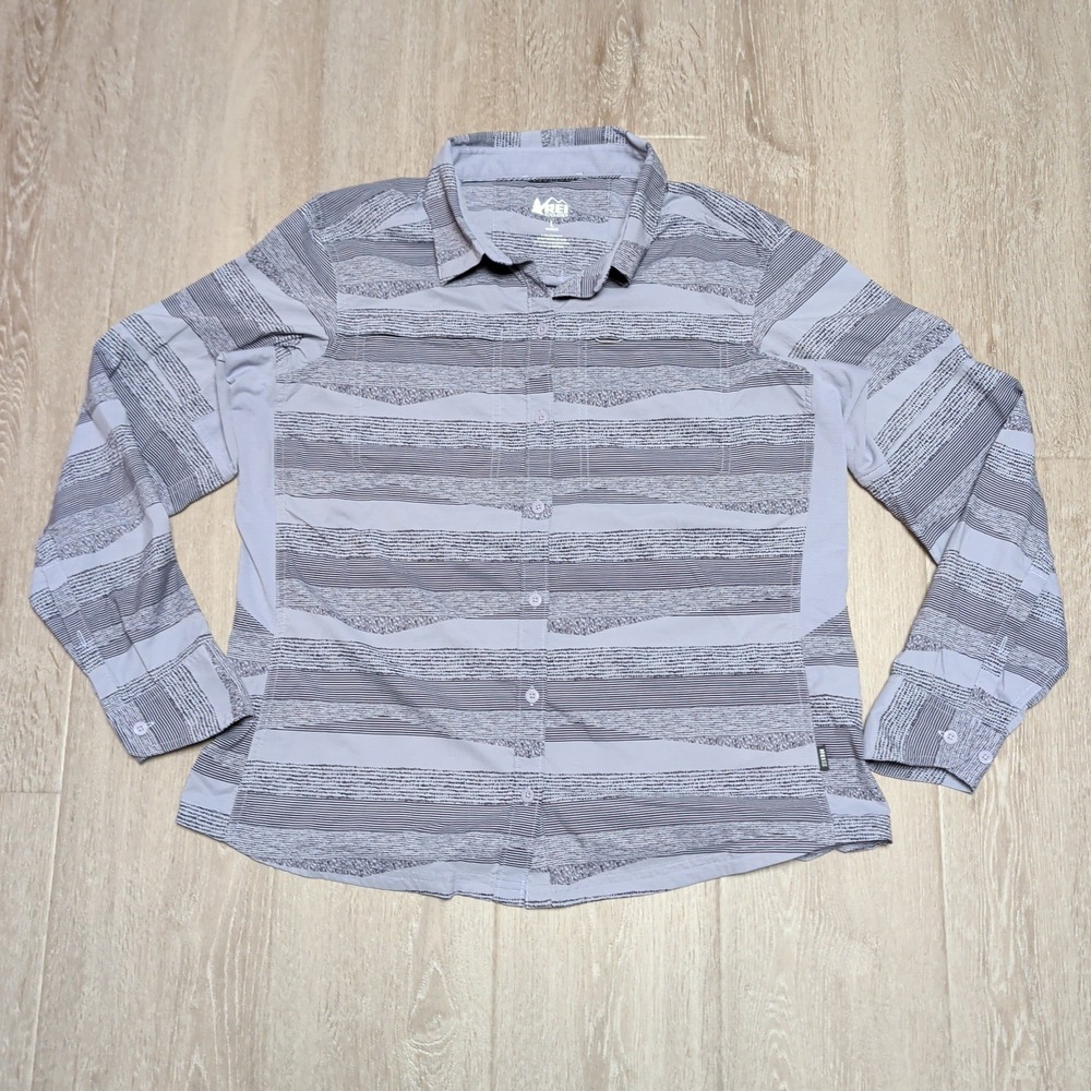 REI Co-Op Button Up Shirt Womens L Purple Long Sleeve Hiking Trail Striped Light